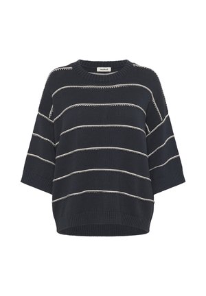 Pull en maille, bleu marine foncé avec des rayures horizontales blanches. Manches larges et courtes avec un col rond. Tissu texturé et ourlet côtelé.