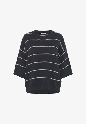 Strikket trøje, mørk marineblå med hvide vandrette striber. Vide, korte ærmer og en rundet halsudskæring. Tekstur i stoffet og ribbet kant.