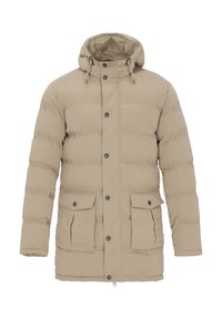 Beige-toppatakki, jossa on huppu, nepparikiinnitys edessä, kaksi sivutaskua ja eristystä varten ommeltuja paneeleja.