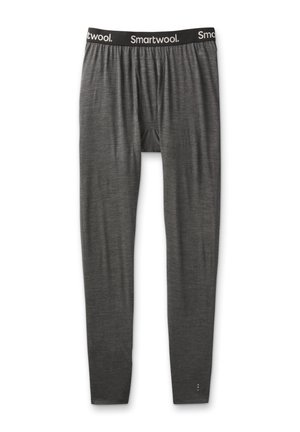 Gray merino wool long underwear with a black elastic waistband featuring the "Smartwool" logo. Smooth texture and fitted design.