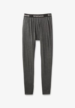 Grå merino uld long johns med en sort elastisk talje, der har "Smartwool" logoet. Glat tekstur og tætsiddende design.