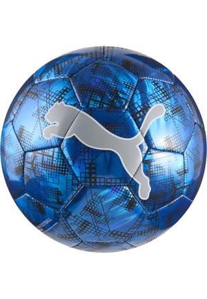 Niebiesko-czarna piłka nożna z wzorzystymi panelami i dużym białym logo Puma na środku.