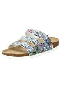 Sandal con tre cinghie, con una tomaia multicolore e testurizzata, plantare in sughero e suola in gomma bianca, dotato di fibbie metalliche.