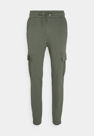 Cargo-Sweatpants in olivgrün, mit elastischem Bund und Kordelzug, zwei seitlichen Cargo-Taschen und schmalen Bündchen.