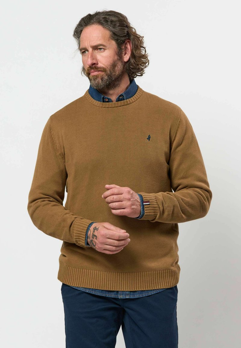 Homme avec barbe et cheveux bouclés portant un pull marron par-dessus une chemise bleue, ajustant ses manches, debout devant un fond uni clair.