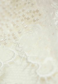 Lace fabric in ivory with textured sequins and small round beads. The design features intricate floral patterns and a soft sheen.