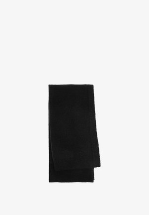 Czarny szalik z polaru, prostokątny kształt, miękka tekstura, z wyraźnymi krawędziami. Bez wzorów ani elementów metalowych, zaprojektowany z myślą o ciepłocie i komforcie.