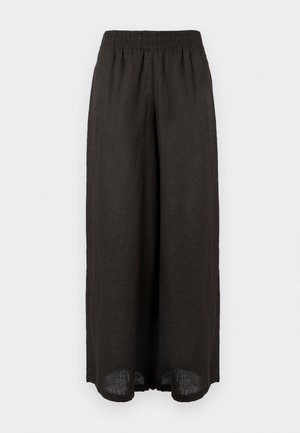 Pantalon noir à jambes larges avec taille élastique, fabriqué en tissu léger, présenté sur un fond clair uni.