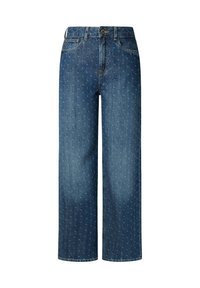 Jeans en denim bleu à jambes larges avec un motif discret sur l'ensemble. Caractéristiques : fermeture à bouton, passants de ceinture et design classique à cinq poches.
