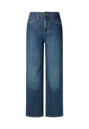 Bredde ben, blå denimjeans med et subtilt all-over mønster. Har knappeåpning, beltehemper og klassisk fem-lomme-design.