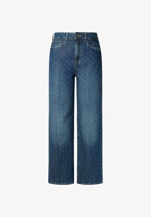 Jeans de denim azul de perna larga, com um padrão discreto por toda a parte. Possui fecho com botão, passantes para cinto e design clássico de cinco bolsos.