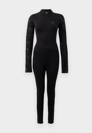 Black wetsuit featuring a high collar, long sleeves, a front zip, and patterned black accents on the sleeves. Made from stretchy material.