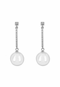 Silver dangle earrings featuring a cubic zirconia stud, a chain of small stones, and a large white pearl drop at the bottom.