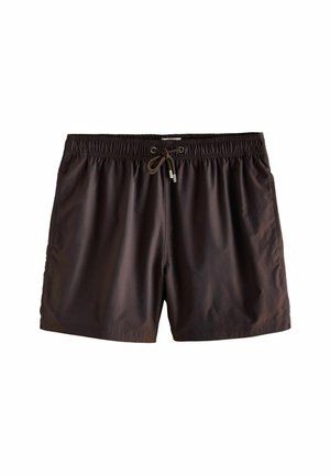 Black swim shorts with elastic waistband and brown drawstring tied in front, plain design.