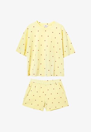 Soft yellow short-sleeve top and elastic waist shorts set with small red and green watermelon slice patterns.