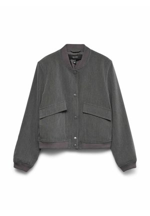 Šedá bomber bunda z texturované tkaniny, s kulatým límcem, patentními knoflíky a dvěma předními kapsami. Žebrované manžety a lem.
