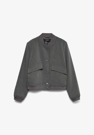 Graue Bomberjacke aus strukturiertem Stoff, mit rundem Kragen, Druckknöpfen und zwei Vordertaschen. Gerippte Bündchen und Saum.