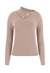 Maglione a costine color beige chiaro con un collo unico asimmetrico caratterizzato da bottoni decorativi in tonalità oro su un lato. Maniche lunghe e dettagli testurizzati.