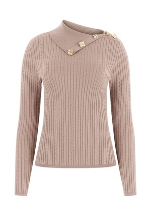 Jasnobeżowy prążkowany sweter z dzianiny z unikalnym, asymetrycznym kołnierzem ozdobionym dekoracyjnymi złotymi guzikami po jednej stronie. Długie rękawy i teksturowane detale.