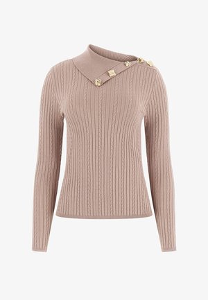 Jasnobeżowy prążkowany sweter z dzianiny z unikalnym, asymetrycznym kołnierzem ozdobionym dekoracyjnymi złotymi guzikami po jednej stronie. Długie rękawy i teksturowane detale.