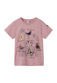 Pink bomulds T-shirt med et sommerfugl- og blomsterdesign, med navne på sommerfugle trykt i sort. Korte ærmer og rund halsudskærning.