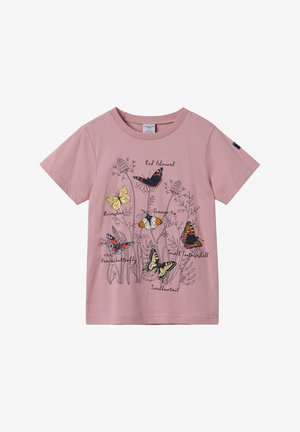 Roze katoenen T-shirt met een vlinder- en bloemenontwerp, met de namen van vlinders in zwart gedrukt. Korte mouwen en ronde hals.