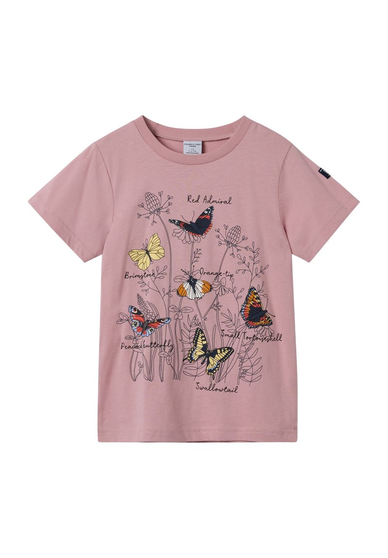Pink bomulds T-shirt med et sommerfugl- og blomsterdesign, med navne på sommerfugle trykt i sort. Korte ærmer og rund halsudskærning.