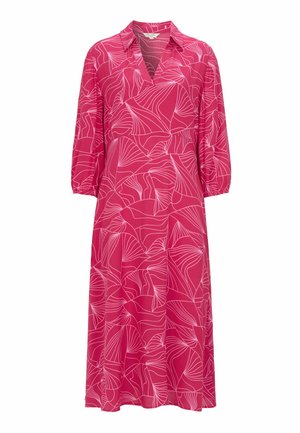 Roze midi-jurk met lange mouwen, witte abstracte bladpatronen, V-hals en elastische manchetten.