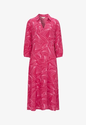 Rosa Midikleid mit langen Ärmeln, weißen abstrakten Blattmustern, V-Ausschnitt und elastischen Bündchen.