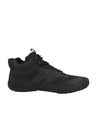 Scarpe da ginnastica nere con design high-top, tessuto caratterizzato e suola in gomma con modelli esagonali per la presa. Inclusi lacci e anelli.