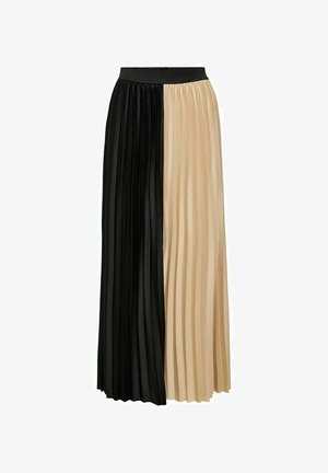 Jupe plissée longueur midi avec une fente verticale, noire d'un côté et beige de l'autre, avec une ceinture ajustée.