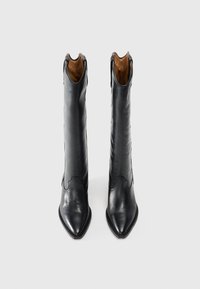 Black leather knee-high boots with pointed toes, detailed stitching, and a smooth texture; interior lined with brown material.