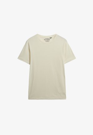 Cremefarbenes Baumwoll-T-Shirt mit kurzen Ärmeln, Rundhalsausschnitt und gesticktem Kragen. Enthält ein Markenetikett im inneren Kragen.