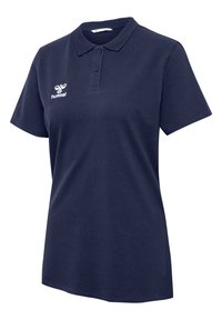 Marinblå polo skjorta i bomull, med krage, korta ärmar och en vit "hummel"-logotyp på vänster bröst.