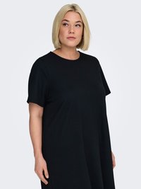 Black short-sleeve dress with a round neckline, loose fit, and smooth texture. Plain design with no visible patterns or accents.