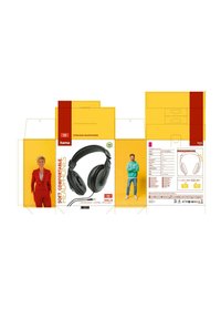 Weiche, bequeme Over-Ear-Kopfhörer mit verstellbarem Kopfbügel; Verpackung zeigt zwei Personen, Produktmerkmale und Anschlussmöglichkeiten.