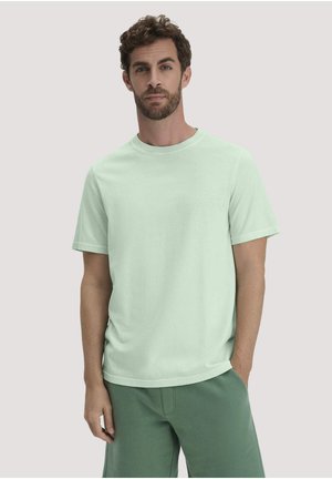 Man met krullend haar en baard, gekleed in een lichtgroen T-shirt met korte mouwen en donkerdere groene broek, staand tegen een effen achtergrond.