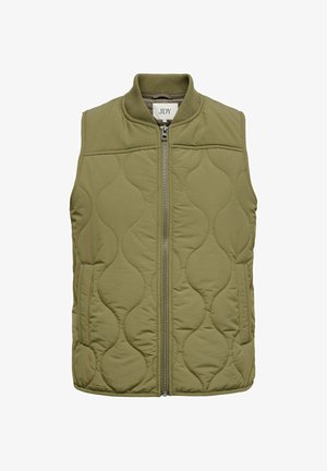 Veste sans manches matelassée vert olive avec fermeture éclair à l'avant, col côtelé et deux poches latérales.