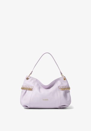 Lavendelkleurige leren schoudertas met gouden ketting- en gespdetails, enkele riem en klein goudkleurig merklogo centraal aan de voorkant.