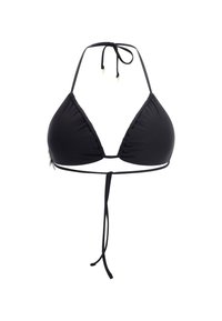 Black triangle bikini top with adjustable ties. Features gathered fabric and a small decorative accent on the side. Smooth texture.