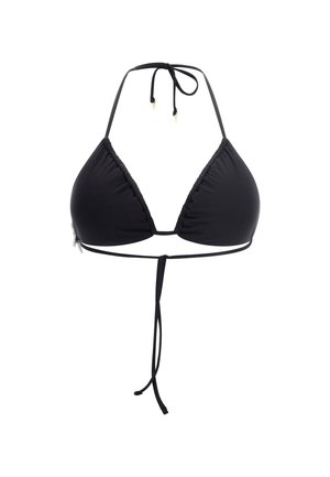 Črn bikini zgornji del s prilagodljivimi vezicami. Ima nabran material in majhen dekorativni dodatek ob strani. Gladka tekstura.