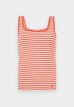 Gestreiftes Tanktop mit quadratischem Ausschnitt, mit abwechselnden roten und weißen horizontalen Streifen, aus geripptem Stoff hergestellt. Kleines Logo am Saum.