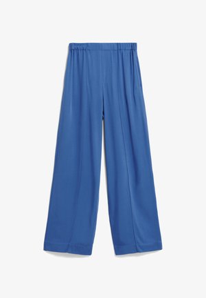 Pantaloni a gamba larga blu realizzati in un tessuto morbido, dotati di una cintura elastica e di un design pulito e minimalista senza decorazioni visibili.
