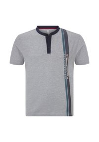 Grey short-sleeve polo shirt with a navy collar, three-button placket, and vertical striped design featuring blue and dark grey accents.