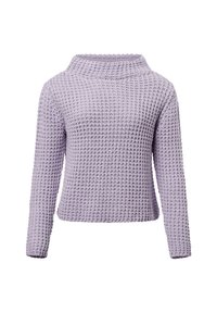 Lila gestrickter Pullover mit hohem Kragen, langen Ärmeln und einem strukturierten Muster. Er hat eine lockere Passform und eine verkürzte Länge.