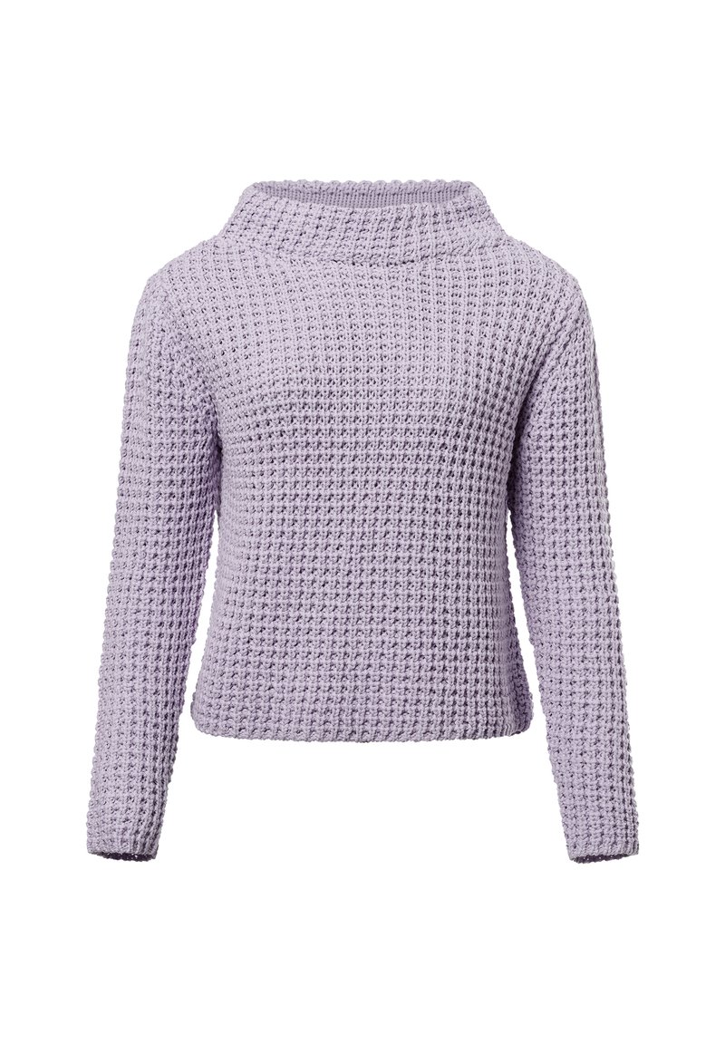 Lila gestrickter Pullover mit hohem Kragen, langen Ärmeln und einem strukturierten Muster. Er hat eine lockere Passform und eine verkürzte Länge.