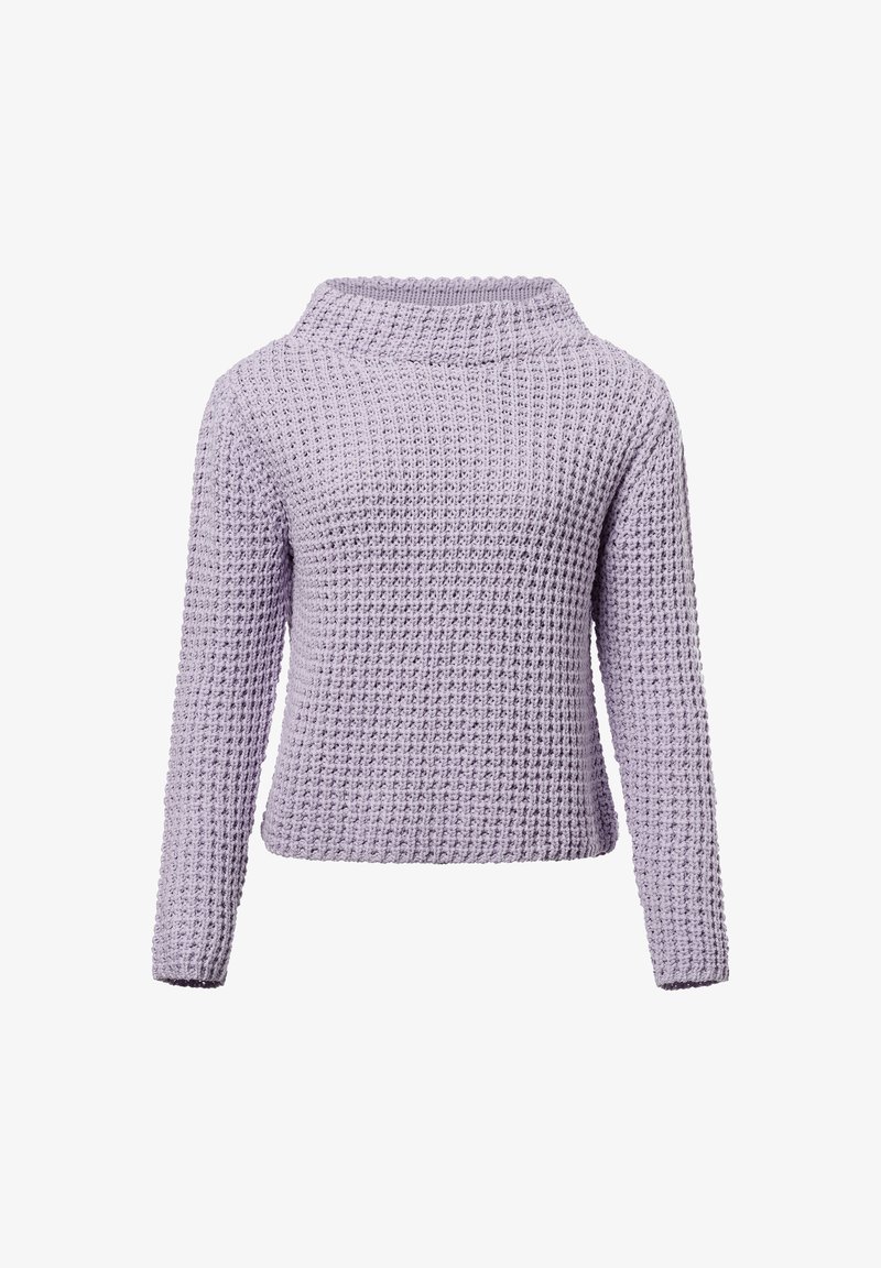 Lila gestrickter Pullover mit hohem Kragen, langen Ärmeln und einem strukturierten Muster. Er hat eine lockere Passform und eine verkürzte Länge.
