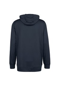 Sweat à capuche bleu marine à manches longues, tissu texturé, poignets et ourlet côtelés. Présente une coupe classique sans logo ni motif visible.