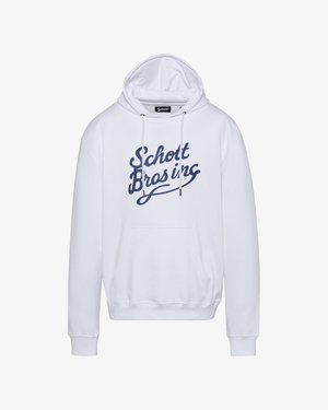 Sudadera blanca con bolsillo frontal tipo canguro y el logotipo en script "Schott Bros inc" en azul marino, con capucha ajustable y puños y dobladillo de canalé.