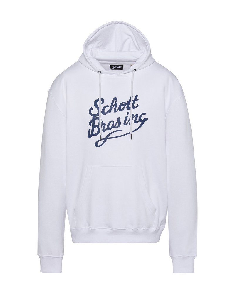 Felpa bianca con tasca frontale e logo in script blu navy "Schott Bros inc", dotata di cappuccio con cordini e polsini e orlo a coste.
